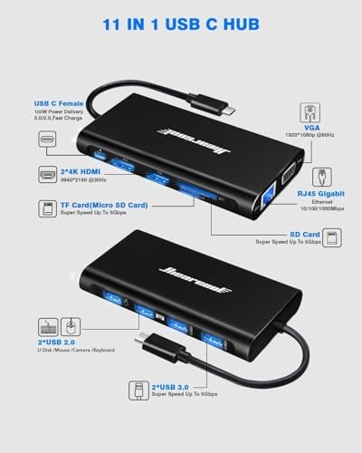 Hiearcool USB C Docking Station, 11-in-1 Dock, HDMI, VGA, Ethernet, Black - Image 2