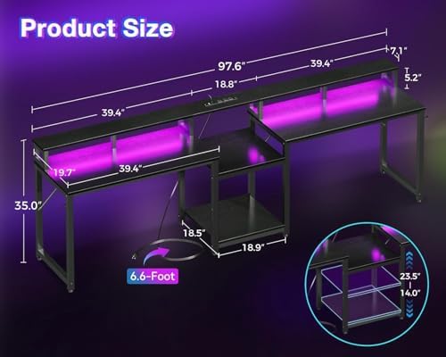 Casaottima 98'' 2 Person Gaming Desk with LED Lights, Black - Image 3