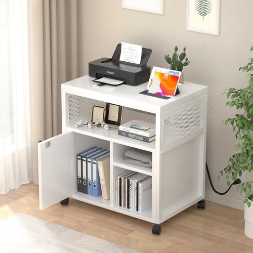 Unikito Rolling File Cabinet Lateral Office Filing Cabinets with Socket and USB Charging Port, Modern Printer Stand on Wheels, Printer Cabinet with Door and Open Storage, Lockable, White - Image 2