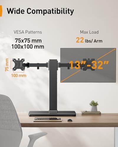 Perlegear Dual Monitor Stand with Power Strip, Freestanding Computer Monitor Stand for 2 Screens up to 32 Inch, Monitor Stand Riser with Glass Base and Adjustable Arms, Holds 22 lbs per Arm, PGTVS41B - Image 2