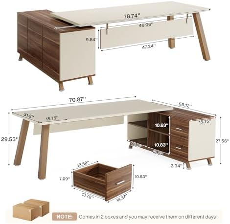Tribesigns 78.7-Inch Executive Desk, L-Shaped Desk with 55-Inch Cabinet, Large Office Desk with Storage Shelves, Modern Computer Desk for Home Office, White & Walnut - Image 2