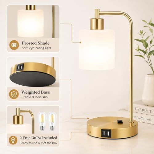 Set of 2 Industrial Touch Control Table Lamps with 2 USB Ports and AC Outlet - 3-Way Dimmable Gold Bedside Lamps Nightstand Desk Lamps for Bedroom Living Room, Opal Glass Shade & 2 LED Bulbs Included - Image 4