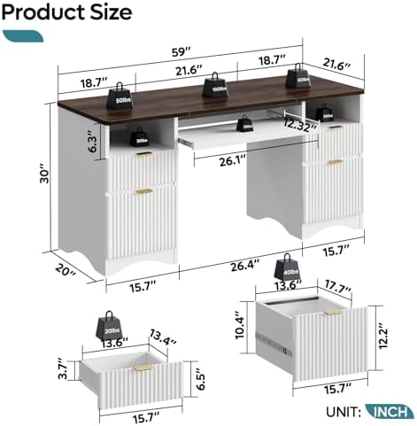 Bestier Computer Desk with Keyboard Tray, 59 inch Office Desk with 4 Drawers, Modern Home Office Desk with File Drawer (Walnut with White, 59" W with Double-Sided Drawers) - Image 2