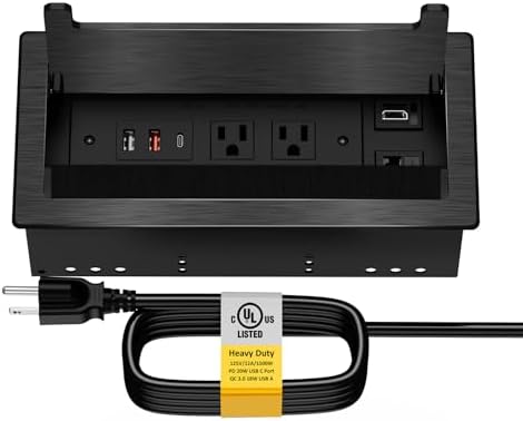 Kungfuking Conference Table Power Hub, Outlet Multimedia Connectivity Box with 1 HDMI + 1 RJ45 + 20W USB C + 2 USB A + 2 AC Outlets, Heavy Duty Metal Table Top Box for Countertop Office UL Listed by Kungfuking