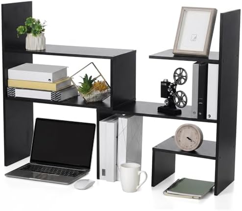 Briwooody Expandable Dorm Desk Hutch Adjustable Desktop Bookshelf,Black by Briwooody