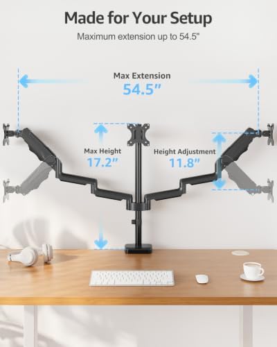 MOUNTUP Triple Monitor Stand Mount - 3 Monitors Desk Mount for Computer Screens Up to 27 inch, Triple Monitor Arm, Heavy Duty Monitors Stand, Each Arm Holds 4.4-19.8 lbs, Black - Image 3