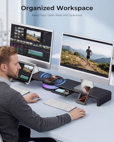 Dual Monitor Stand Riser with USB Hub, 15W Wireless Charging & RGB - Image 6