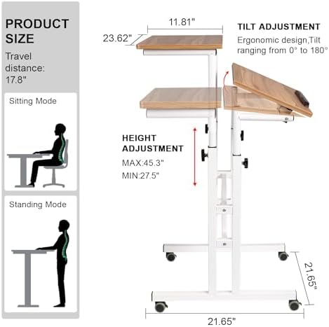 Hadulcet Mobile Standing Desk with Charging Station, Adjustable Standing Computer Desk, Standing Adjustable Laptop Cart with Wheels for Home Office Classroom Vintage Oak - Image 2