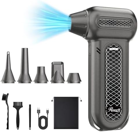 Rosewill Electric Air Duster - 130,000 RPM Super Power Cordless Compressed with Turbo Mode, 4-Gear Adjustable Mini Blower with Fast Charging, Inflation and Suction, Dust Blower for Computer, Keyboard by RosewillInc
