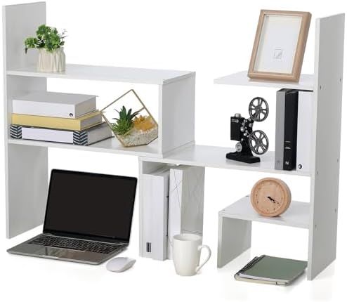 Briwooody Expandable Dorm Desk Hutch Adjustable Desktop Bookshelf,White by Briwooody
