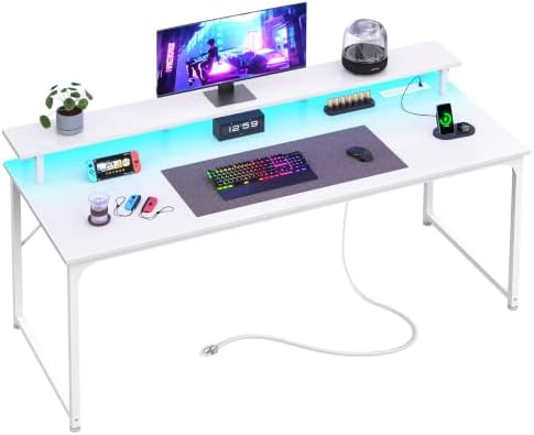PRAISUN 55 inch Gaming Desk, LED & Power Outlets, Monitor Stand, White by PRAISUN