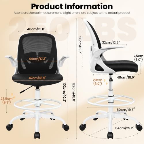 Primy Ergonomic Drafting Chair with Flip-up Armrests Tall Office Chair for Standing Desk Comfortable Desk Chair with Adjustable Footrest Ring and Lumbar Support in Gray Perfect for Home (White) - Image 3