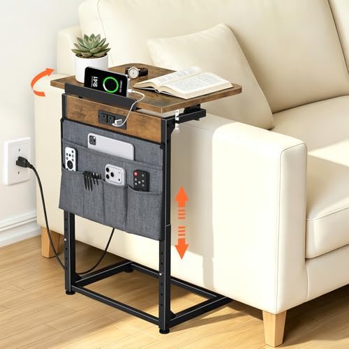 Small C Shaped End Table with Charging Station, Adjustable Height Sofa Side Table with Tilting Desktop, TV Tray Night stand with Storage Bag, Narrow Couch Table USB Ports Outlets Living Room Bedroom by Dataroad+Selead