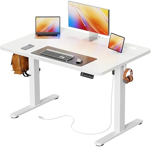 Huuger 39 X 24 Inch Electric Standing Desk with Power Outlets and USB-C Port, Height Adjustable Desk, Sit Stand Desk for Home Office, Computer & Gaming Desk with 3 Presets, Stable Steel Frame, White by Huuger