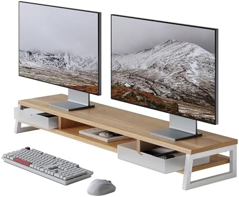 Fenge Dual Monitor Stand Riser, 42.5in Desk Shelf with 2 Drawers, Dark Oak by Fenge