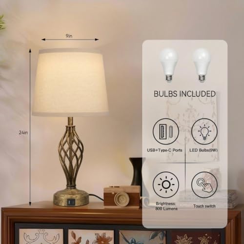 Ruiever Touch Table Lamps Set of 2, nightstand lamp with USB Ports Bedside 3 Way Touch dimmer Desk lamp for Living Room Bedroom,Antique Gold Spiral cage Base Design Warm White dimmer Bulbs Included. - Image 2