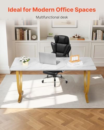 VEVOR Executive Desk, 63" W x 31.5" D Large Office Desk, Modern Computer Table Conference Meeting Room Table, Business Furniture Enlarged Desktop for Home Office, White and Gold - Image 4