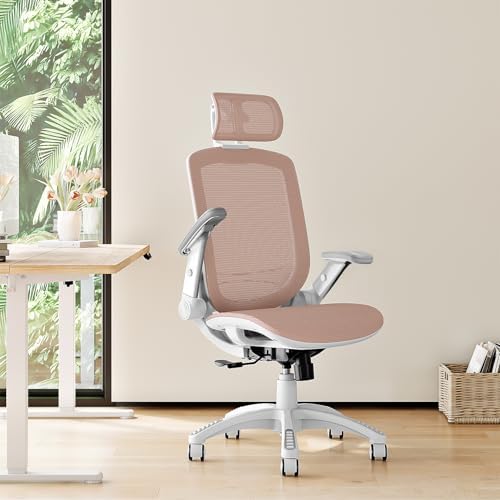 GABRYLLY Ergonomic Office Chair, High Back Home Desk Chair with 2D Flip-Up Arms, 3D Headrest, 90-120° Tilt and Wide Cushion, Big and Tall Mesh Chairs for Man Woman, White Computer Task Chair Pink - Image 2
