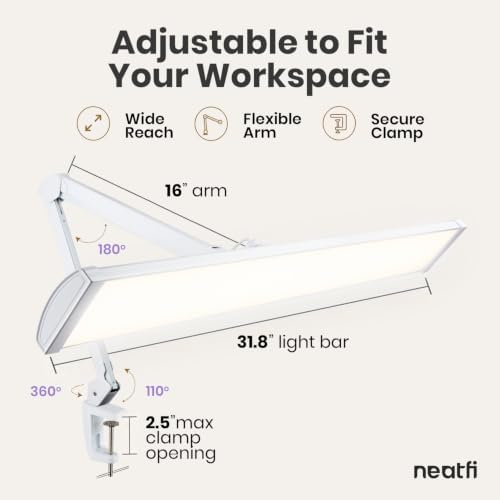 Neatfi Pro LED Task Lamp with Clamp | CRI 95 | 50W | 684 LED Beads | 4,500 Lumens | Touch CCT Dimming | 3000K-6500K | Desk Light for Reading, Crafting & Home Office Use (White-8, 31.8-Inch Wide Shade) - Image 5