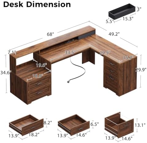 OffiGo Farmhouse 68 Inch L Shaped Executive Desk with Drawers, Walnut - Image 2
