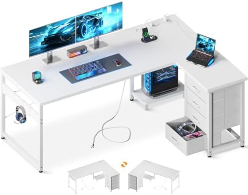 AODK 61" L Shaped Gaming Desk with 4 Drawers and Power Outlets, White by AODK