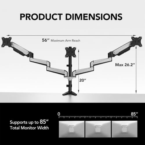 HUANUO Gaming Triple Monitor Stand, Full Motion Articulating Triple Monitor Mount Fit 17 to 32 inch Flat/Curved LCD Computer Screens with Clamp, Grommet Kit, Silver - Image 3