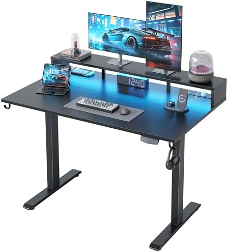 Klicelor Electric Standing Desk with Shelf, 48 Inch Height Adjustable Desk with Power Outlets & LED, Sit Stand Up Table with Monitor Stand, Computer Workstation for Home Office, Black by Klicelor