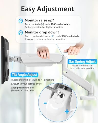 MOUNTUP Single Monitor Desk Mount Holds Screen up to 32 inch, Height Adjustable Monitor Arm, Full Motion Computer Monitors Stand with Clamp/Grommet Base, VESA Mounts Fit 4.4-19.8lbs Computer, White - Image 2