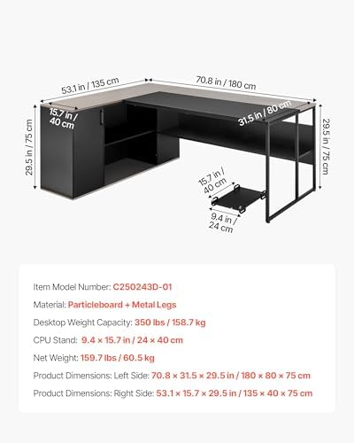 VEVOR 71" L-Shaped Executive Desk, Large Computer Desk with Drawers, File Storage Cabinet, CPU Stand, 350 LBS Load Capacity Corner Table, Easy Assembly, for Work Study - Image 2