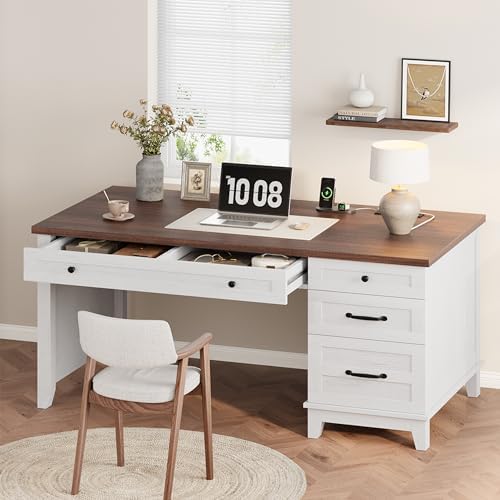 53.5" Executive Desk with Power Outlet, Home Office Desk with Drawers, Wooden Work Desk with File Cabinet, Computer Desk for Work, Study, Writing, White and Brown by SLEKVERSA