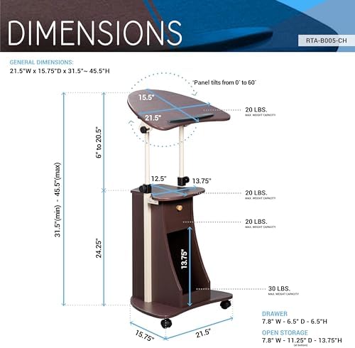 Techni Mobili Sit-to-Stand Rolling Adjustable Storage Medical Laptop Computer Cart, Chocolate, B005 - Image 3