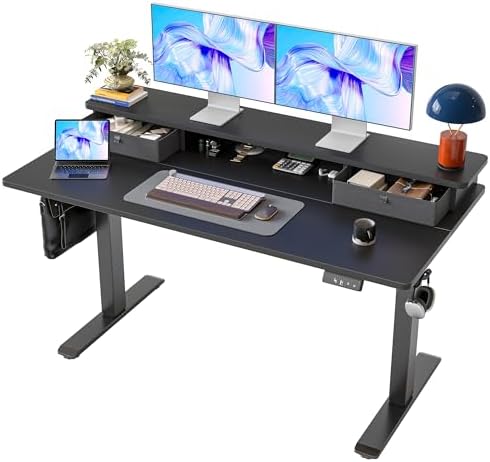 TIQLAB Standing Desk with Two Drawers, Stand Up Standing Desk Adjustable Height, Electric Sit Stand Table with Storage Shelf and Splice Board, 55 * 24 inch, Black by TIQLAB