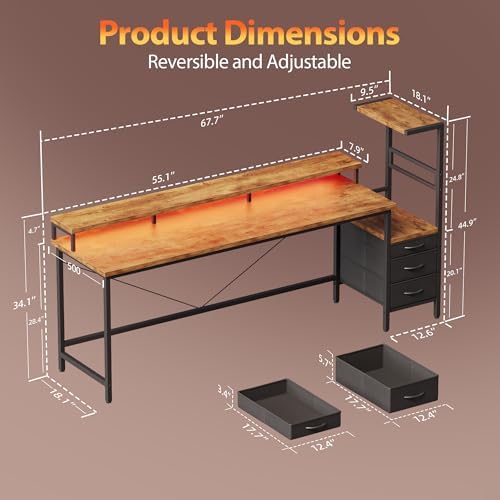 Mericonia 68 inch Gaming Desk with Drawers, Reversible Computer Desk, Brown - Image 2