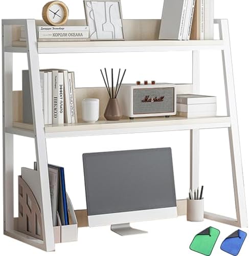 Ladder Desktop Shelf, 3-Tier Desk Hutch for Computer, Display Rack, Multipurpose Vintage Metal and Wood Bookshelf Storage Organizer for Dorm Office Home, White, 22x13x35" by TedmAr