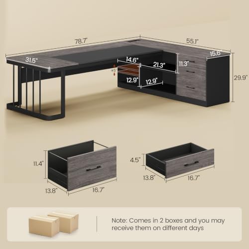 UPOSOJA 78.7" Executive Desk, Large Office Desk with Drawers & Storage Shelves, Modern L Shaped Computer Desk Corner Desk with Power Outlets, File Cabinet, Business Furniture Desk Workstation (Grey) - Image 2