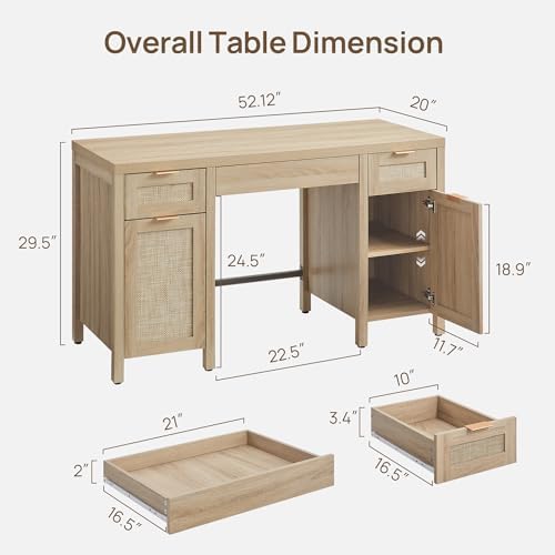 SICOTAS Rattan Home Office Desk with Storage, 52" Boho Executive Desk - Image 2
