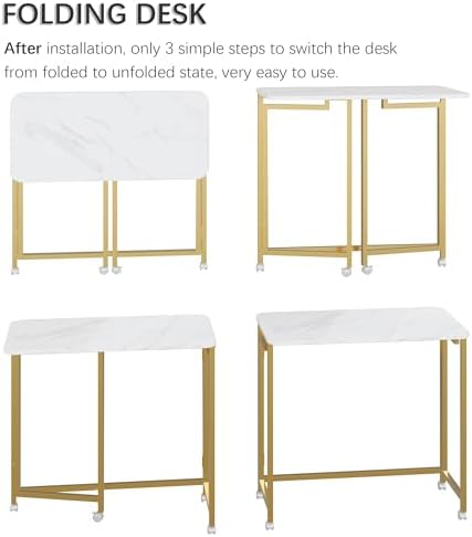 4NM 31.5" Mobile Small Rolling Computer Desk, Folding Laptop Cart Table with Wheels, Portable Office Desk for Small Space Couch Bed - White and Golden - Image 6