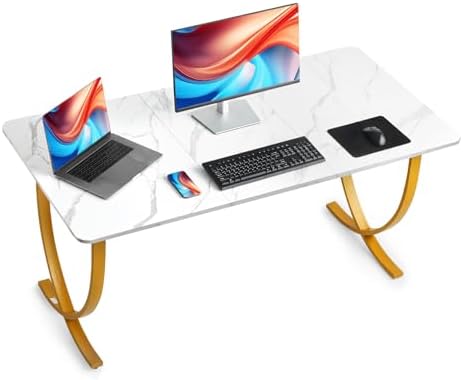 VEVOR Executive Desk, 63" W x 31.5" D Large Office Desk, Modern Computer Table Conference Meeting Room Table, Business Furniture Enlarged Desktop for Home Office, White and Gold by VEVOR