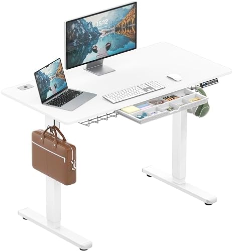 SHW 48-Inch Electric Height Adjustable Standing Desk w/Drawer, White by SHW