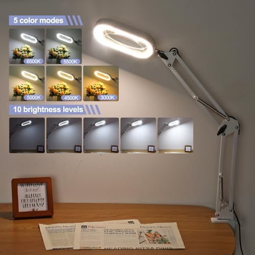 Drdefi 12X Square Magnifying Glass with Light and Stand, Real Glass LED Lighted Magnifier, 5 Color Modes Stepless Dimmable, Hands-Free Mag Desk Lamp with Clamp for Reading Craft Hobby Close Work White - Image 4