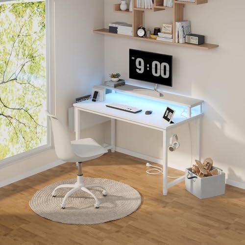 Lufeiya White Computer Desk with LED Lights and Power Outlets, 40 Inch Home Office Desks with Monitor Stand, Teen Writing Study Table Gaming Desk with Charging Station, White - Image 2