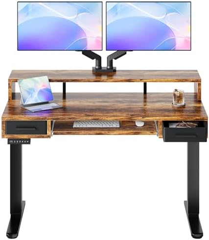 HUANUO 48″ X 26″ Electric Standing Desk with 2 Drawers &24.4″ Large Keyboard Tray, C-Clamp Mount Compatible, Adjustable Computer Desk for Office, Sit Stand Up Desk with 4 Height Presets, Vintage Brown by HUANUO