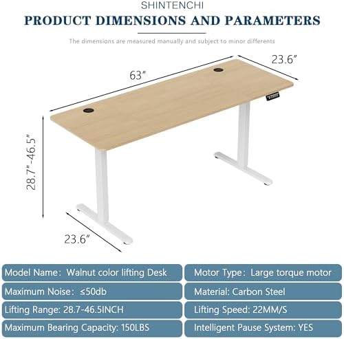 Shintenchi Standing Desk, 63x24 Inch Height Adjustable Electric Sit Stand up Desk, Ergonomic Rising Computer Table, Modern Lift Gaming Desk Workstation for Home Office, White - Image 2