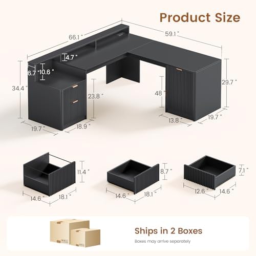 SEDETA 66" Modern L Shaped Desk with Drawers, Fluted Home Office Desk with File Cabinet & Printer Shelf, Wood Executive Desk with Monitor Stand, Power Outlets, Led Lights, Black - Image 2
