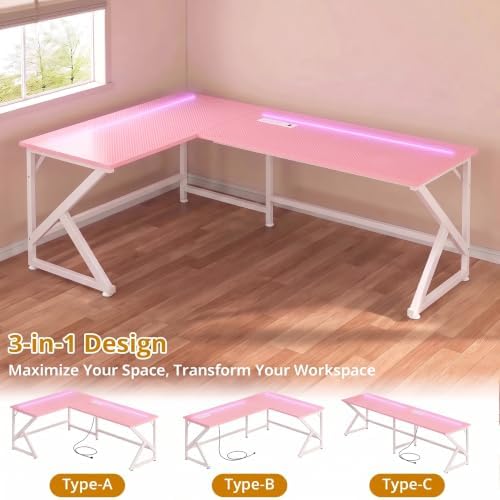 39.4'' L Shaped Gaming Desk with LED Lights & Power Outlets, Pink Desk - Image 6