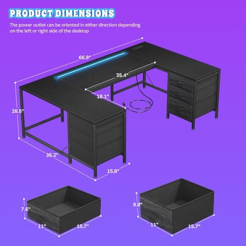 DurayLoly 67" Large Gaming Desk with Power Outlets for Bedroom,Black - Image 2