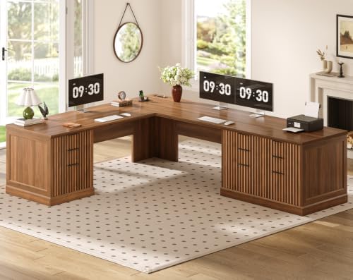 SEDETA Fluted 78.8" L Shaped Executive Desk with 6 Drawers, Brown by SEDETA