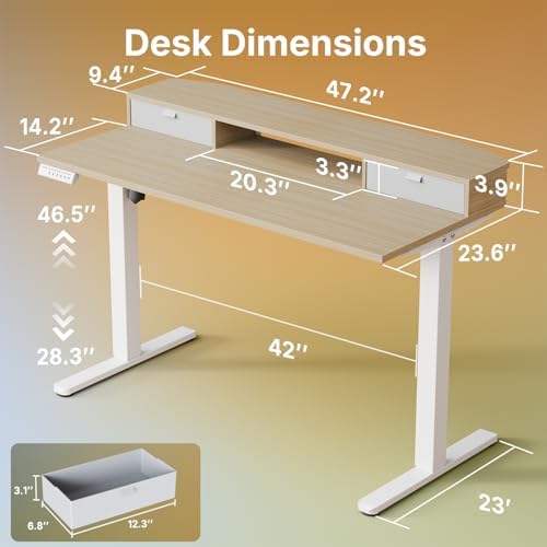HUANUO 47.2" X 23.6" Electric Standing Desk with 2 Drawers, C-Clamp Mount Compatible, Height Adjustable Computer Desk, Home Office Stand Up Desk with 4 Preset Heights & 2 Hooks, Light Walnut - Image 2