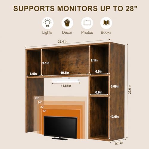 3 Tier Desktop Bookshelf with Rechargeable Eye-Friendly LED Desk Light, Desk Hutch Organizer with 5 Shelves, Wooden Desk Bookshelf for Office, Dorm and Small Space, Brown - Image 2