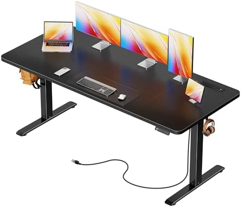 Huuger 63 X 24 Inch Electric Standing Desk with Power Outlets and USB-C Port, Height Adjustable Desk, Sit Stand Desk for Home Office, Computer & Gaming Desk with 3 Presets, Stable Steel Frame, Black by Huuger